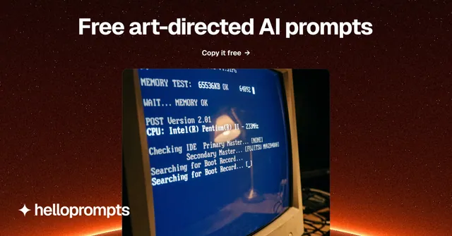 Social ad for HelloPrompts: "Free art-directed AI prompts". Swiss style, ogui layout, dark palette in black, blue, grey.