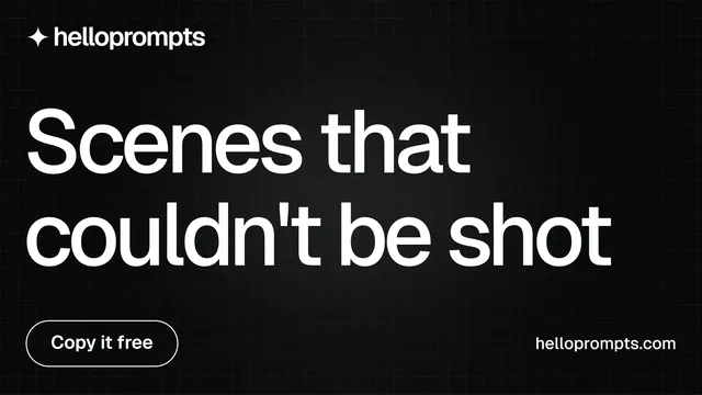 Landscape graphic for HelloPrompts: "Scenes that couldn't be shot". Phosphor atlas style, poster layout, dark palette in black, grey.