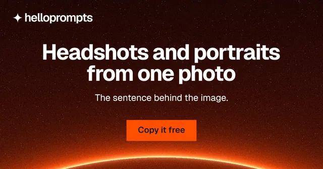 Social ad for HelloPrompts: "Headshots and portraits from one photo". Swiss style, centred layout, dark palette in black, red, orange.