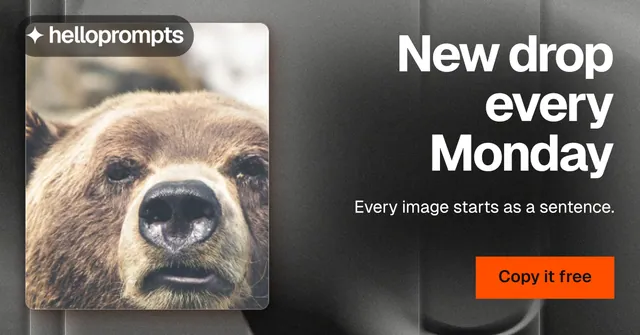 Social ad for HelloPrompts: "New drop every Monday". Swiss style, right layout, dark palette in black, orange, grey.