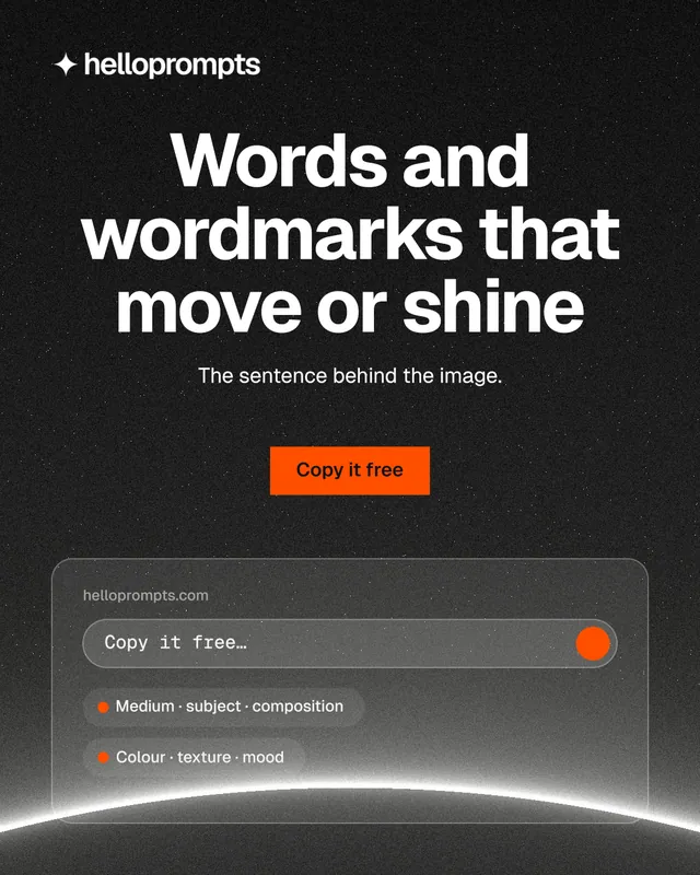 Instagram portrait post for HelloPrompts: "Words and wordmarks that move or shine". Swiss style, centred layout, dark palette in black, grey.