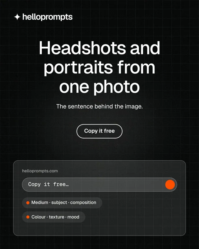 Instagram portrait post for HelloPrompts: "Headshots and portraits from one photo". Phosphor atlas style, centred layout, dark palette in black, grey.