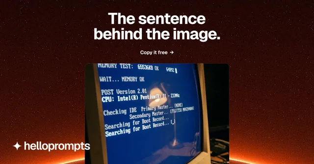 Social ad for HelloPrompts: "The sentence behind the image." Swiss style, ogui layout, dark palette in black, blue, red.