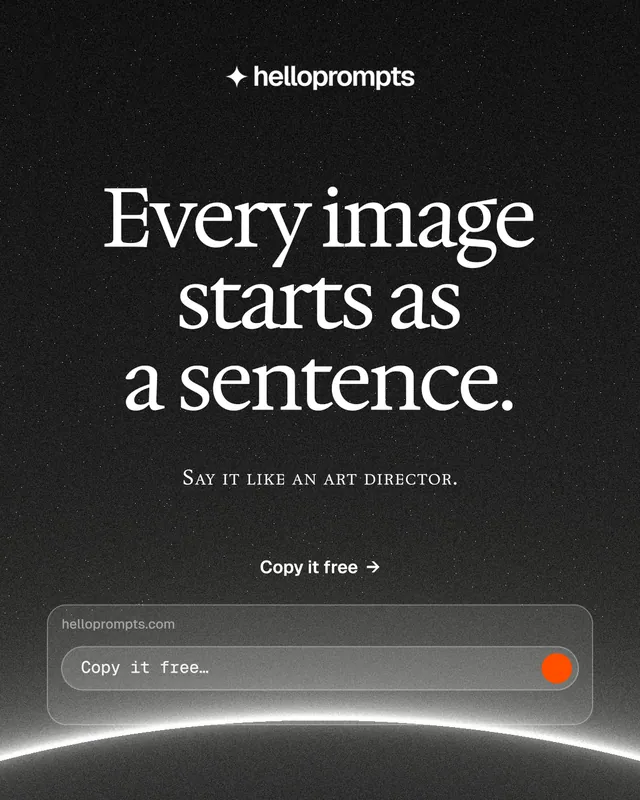 Instagram portrait post for HelloPrompts: "Every image starts as a sentence." Swiss style, smallcaps layout, dark palette in black, grey.