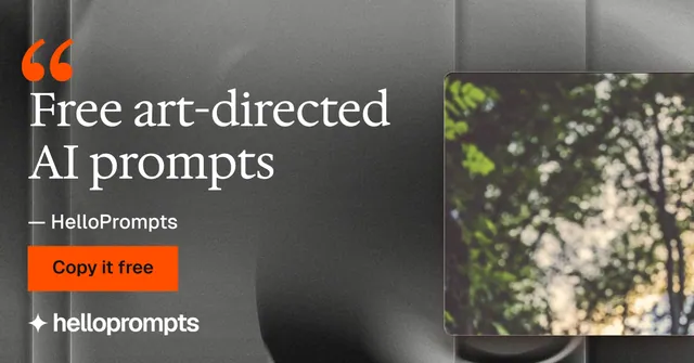 Social ad for HelloPrompts: "Free art-directed AI prompts". Swiss style, quote layout, dark palette in grey, black.