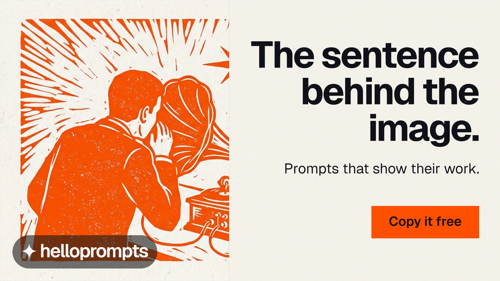 Landscape graphic for HelloPrompts: "The sentence behind the image." Swiss style, right layout, light palette in orange, white.