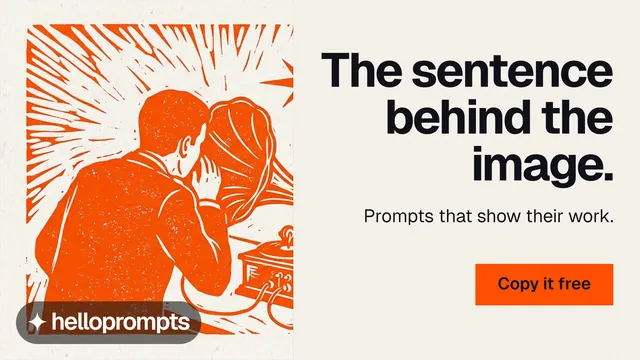 Landscape graphic for HelloPrompts: "The sentence behind the image." Swiss style, right layout, light palette in orange, white.