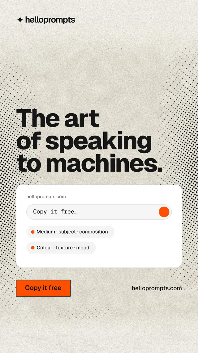 Instagram story for HelloPrompts: "The art of speaking to machines." Ink sticker style, poster layout, light palette in white, yellow, grey.