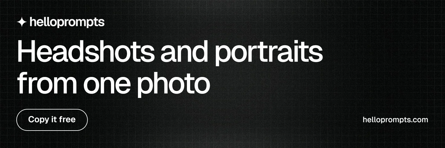 X header for HelloPrompts: "Headshots and portraits from one photo". Phosphor atlas style, poster layout, dark palette in black, grey.