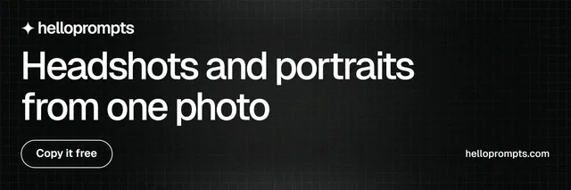 X header for HelloPrompts: "Headshots and portraits from one photo". Phosphor atlas style, poster layout, dark palette in black, grey.