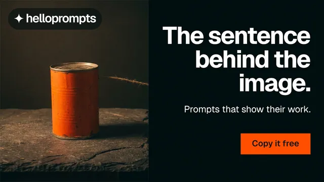 Landscape graphic for HelloPrompts: "The sentence behind the image." Swiss style, right layout, dark palette in black, orange.