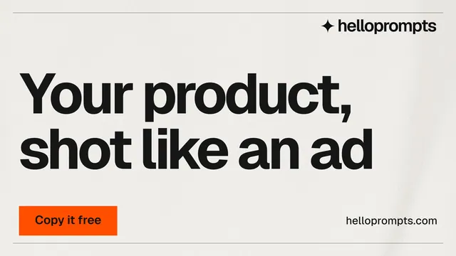 Landscape graphic for HelloPrompts: "Your product, shot like an ad". Swiss style, poster layout, light palette in white, grey.