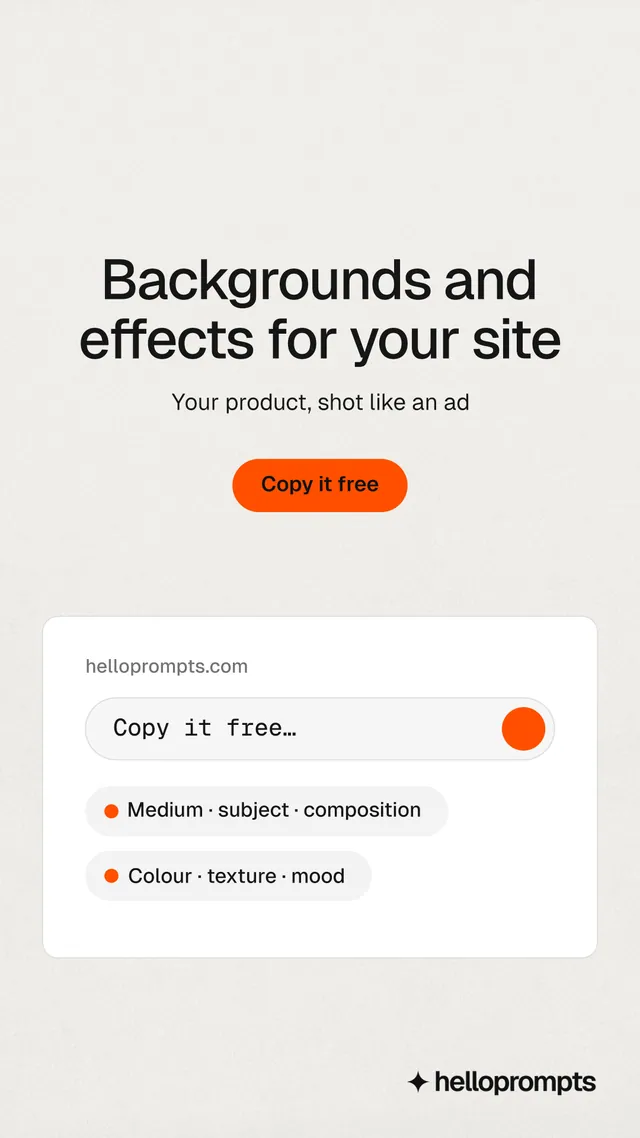 Instagram story for HelloPrompts: "Backgrounds and effects for your site". Data card style, centred layout, light palette in white, orange.