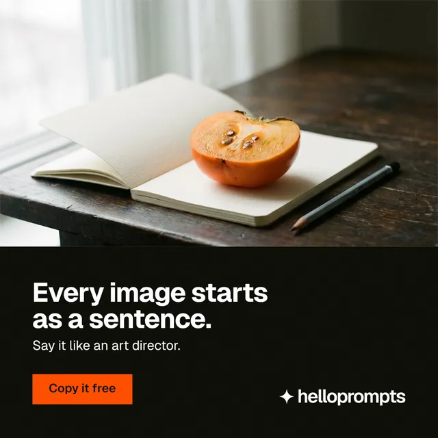 Instagram post for HelloPrompts: "Every image starts as a sentence." Swiss style, bottom layout, dark palette in white, black, orange.