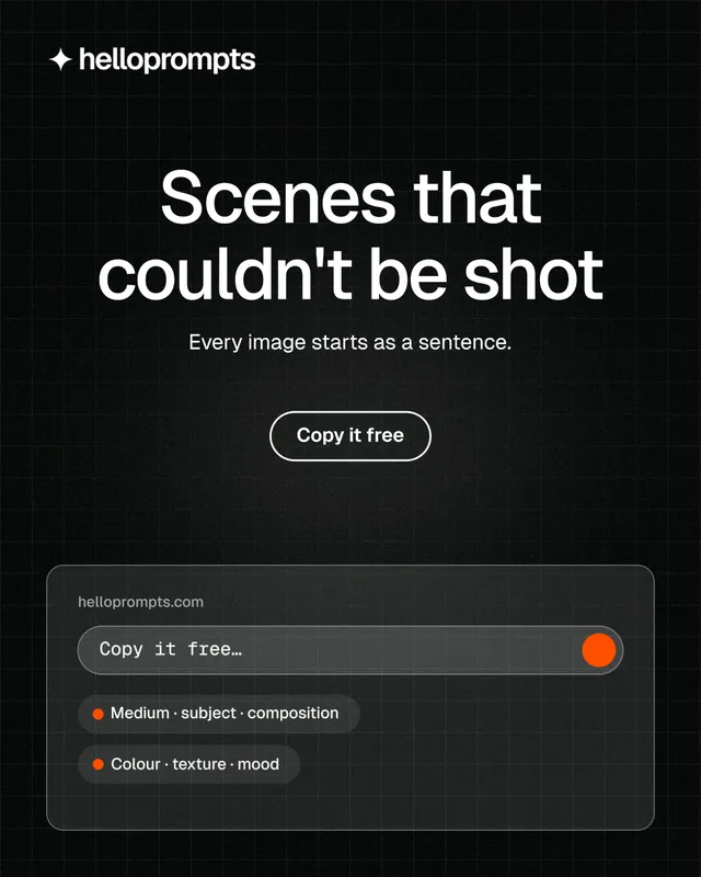 Instagram portrait post for HelloPrompts: "Scenes that couldn't be shot". Phosphor atlas style, centred layout, dark palette in black, grey.