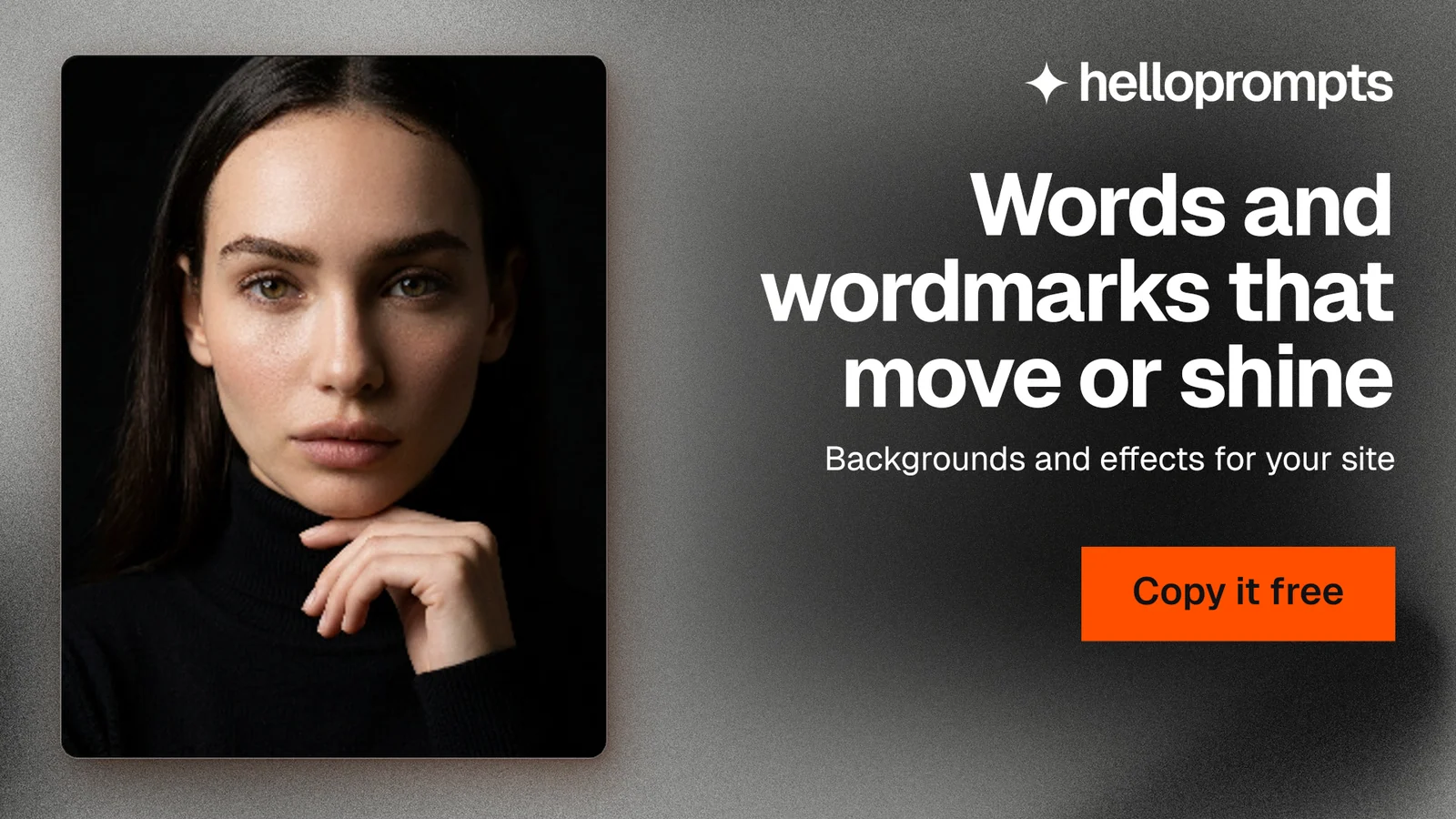 Landscape graphic for HelloPrompts: "Words and wordmarks that move or shine". Swiss style, right layout, dark palette in black, grey.