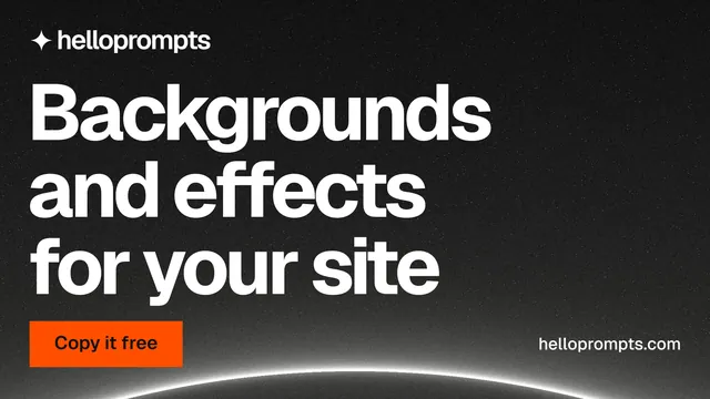Landscape graphic for HelloPrompts: "Backgrounds and effects for your site". Swiss style, poster layout, dark palette in black, orange, white.