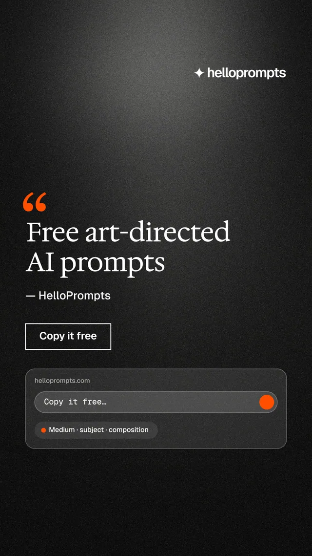 Instagram story for HelloPrompts: "Free art-directed AI prompts". Dark deco style, quote layout, dark palette in black, grey.