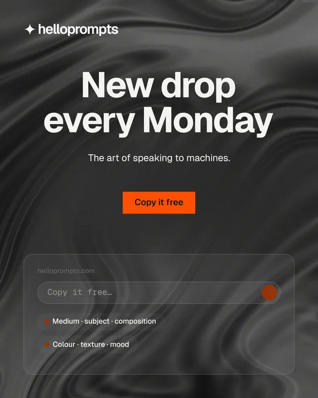 Instagram portrait post for HelloPrompts: "New drop every Monday". Swiss style, centred layout, dark palette in grey, black.