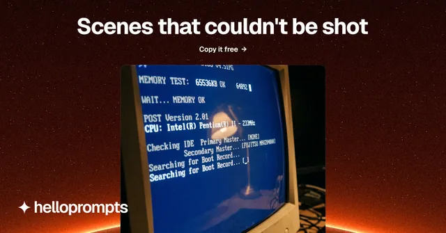 Social ad for HelloPrompts: "Scenes that couldn't be shot". Swiss style, ogui layout, dark palette in red, black, grey.