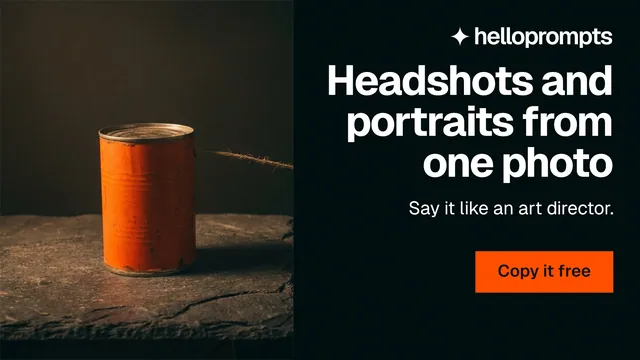 Landscape graphic for HelloPrompts: "Headshots and portraits from one photo". Swiss style, right layout, dark palette in black, orange.