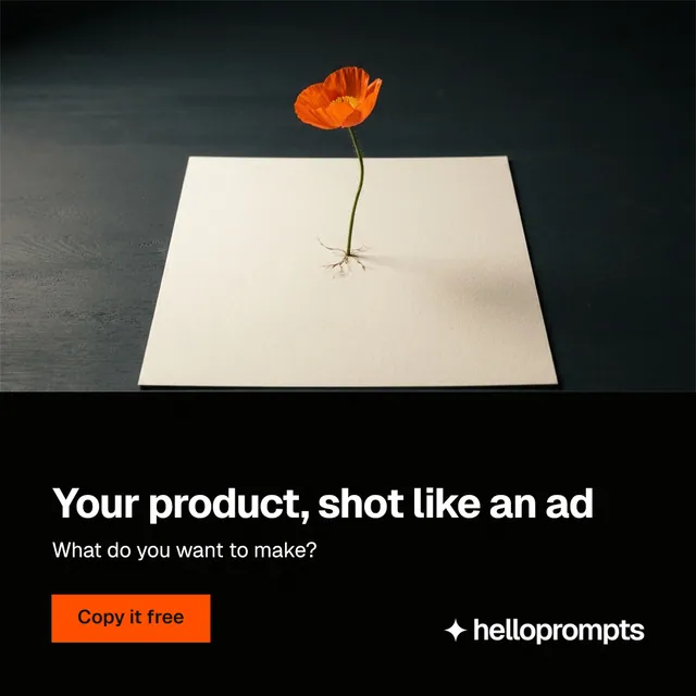 Instagram post for HelloPrompts: "Your product, shot like an ad". Swiss style, bottom layout, dark palette in black, grey.