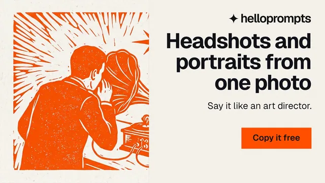 Landscape graphic for HelloPrompts: "Headshots and portraits from one photo". Swiss style, right layout, light palette in white, orange.
