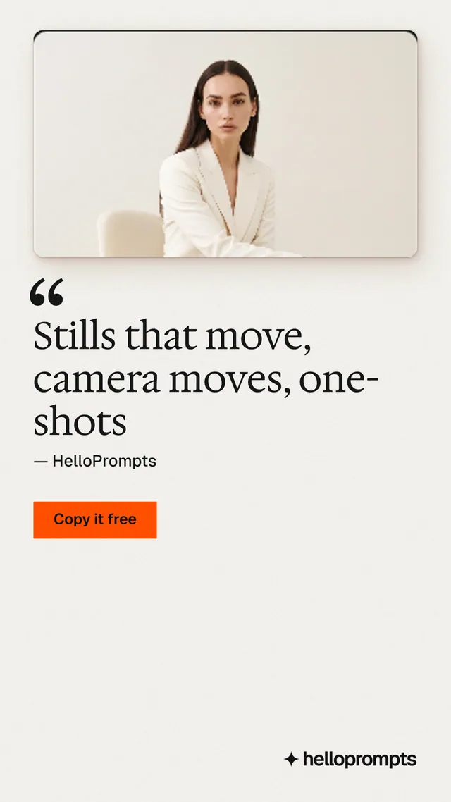 Instagram story for HelloPrompts: "Stills that move, camera moves, one-shots". Swiss style, quote layout, light palette in white, orange.