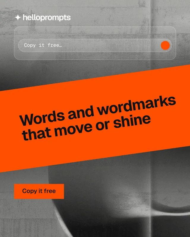 Instagram portrait post for HelloPrompts: "Words and wordmarks that move or shine". Swiss style, diagonal layout, light palette in orange, grey.