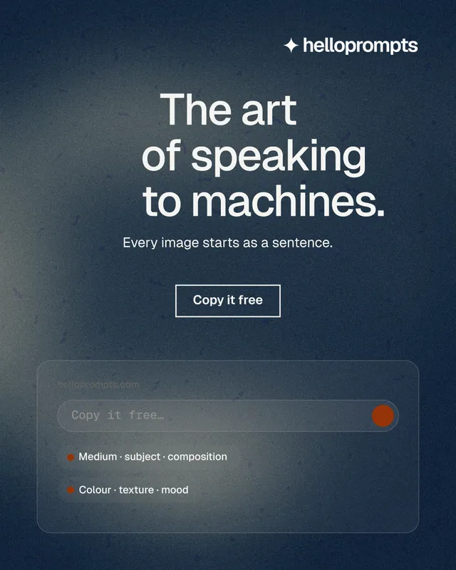 Instagram portrait post for HelloPrompts: "The art of speaking to machines." Cyanotype style, centred layout, dark palette in blue, grey.