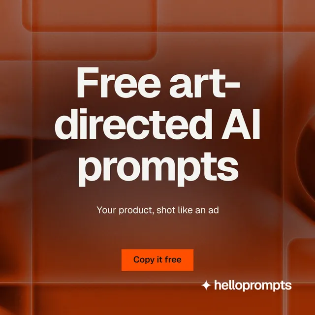 Instagram post for HelloPrompts: "Free art-directed AI prompts". Swiss style, centred layout, dark palette in red, orange, grey.