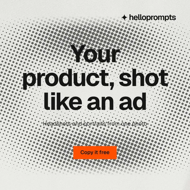Instagram post for HelloPrompts: "Your product, shot like an ad". Swiss style, centred layout, light palette in grey, white.