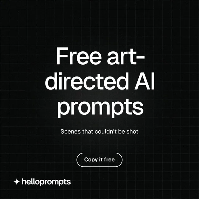 Instagram post for HelloPrompts: "Free art-directed AI prompts". Phosphor atlas style, centred layout, dark palette in black, grey.