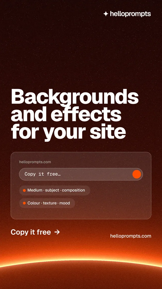Instagram story for HelloPrompts: "Backgrounds and effects for your site". Turn card style, poster layout, dark palette in red, black, orange.