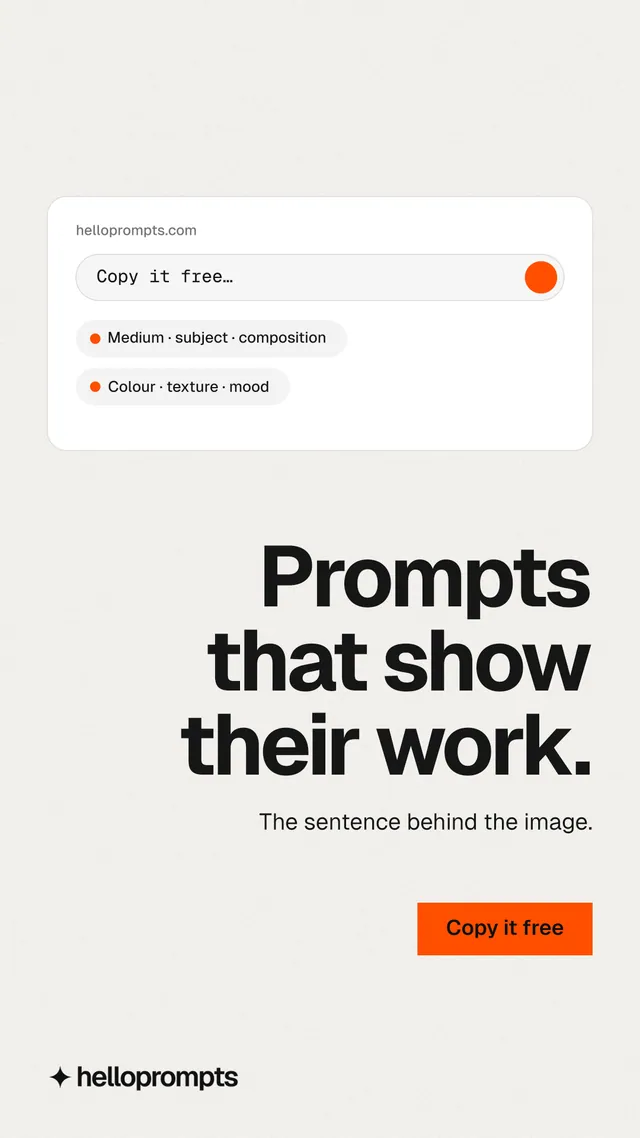 Instagram story for HelloPrompts: "Prompts that show their work." Swiss style, right layout, light palette in white, grey.