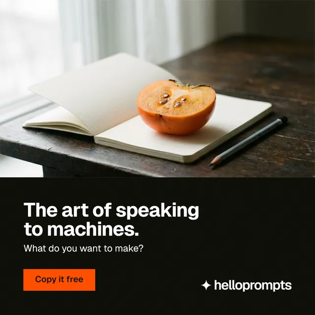 Instagram post for HelloPrompts: "The art of speaking to machines." Swiss style, bottom layout, dark palette in white, black, orange.