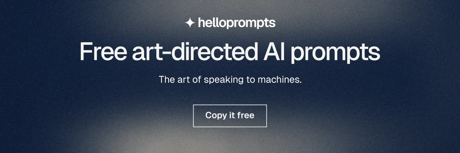 X header for HelloPrompts: "Free art-directed AI prompts". Cyanotype style, centred layout, dark palette in blue, grey.