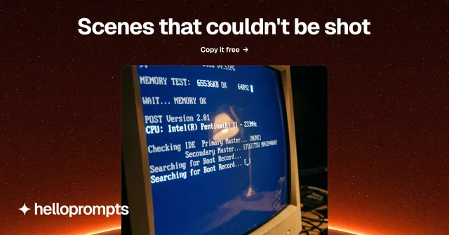Social ad for HelloPrompts: "Scenes that couldn't be shot". Swiss style, ogui layout, dark palette in red, black, grey.