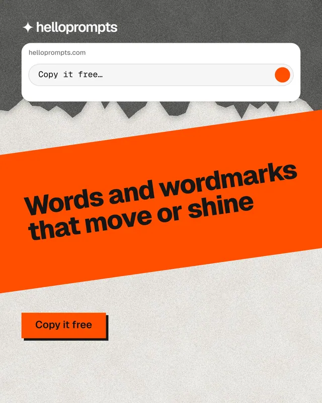 Instagram portrait post for HelloPrompts: "Words and wordmarks that move or shine". Paper trio style, diagonal layout, light palette in white, orange, grey.