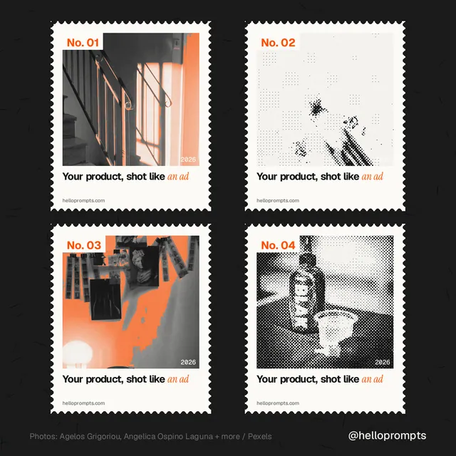 Instagram post for HelloPrompts: "Your product, shot like an ad". Sheet style, technique:stamp series layout, light palette in black, white, grey.