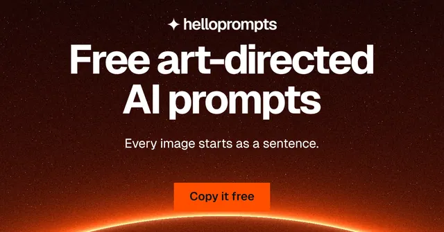 Social ad for HelloPrompts: "Free art-directed AI prompts". Swiss style, centred layout, dark palette in black, red, orange.