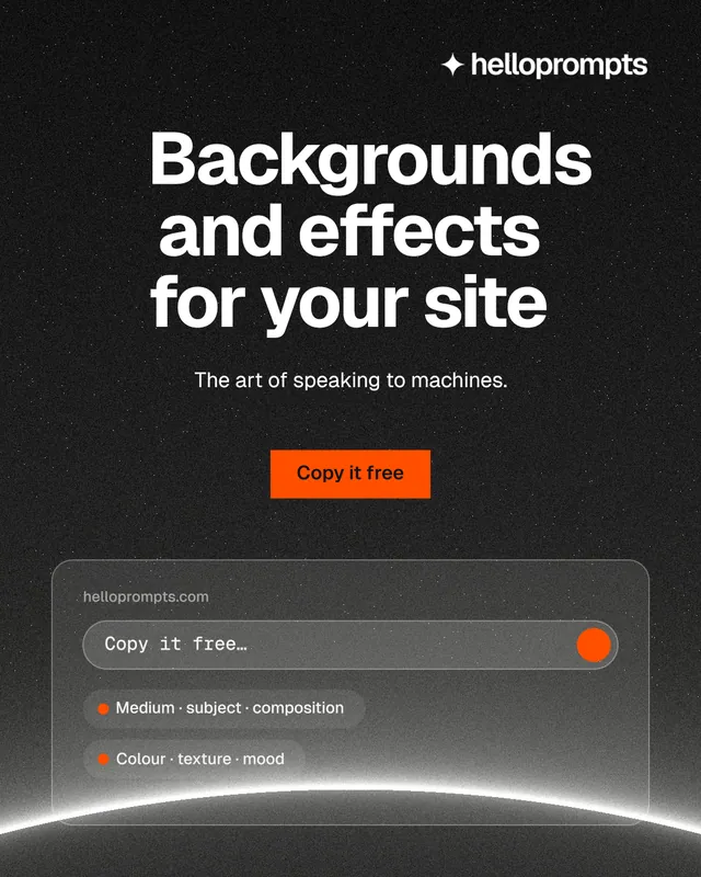 Instagram portrait post for HelloPrompts: "Backgrounds and effects for your site". Swiss style, centred layout, dark palette in black, grey.