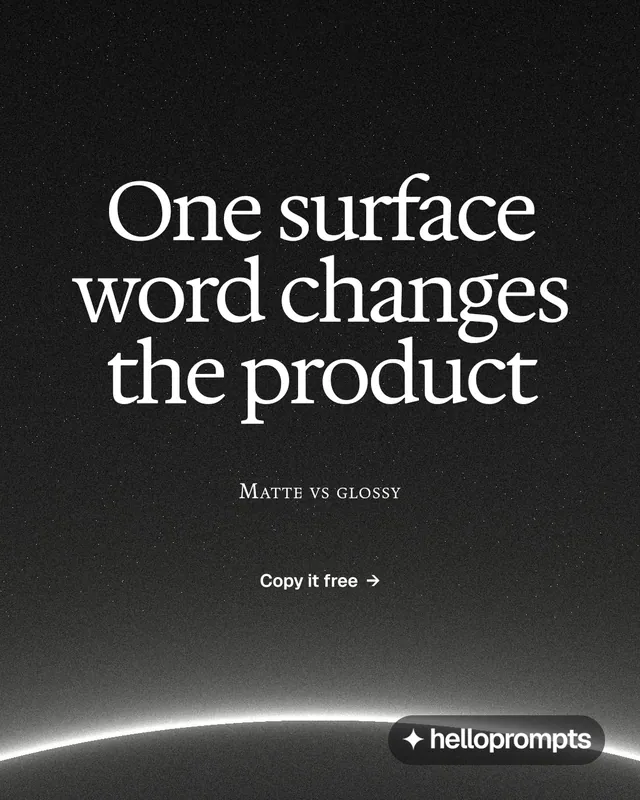 Instagram portrait post for HelloPrompts: "One surface word changes the product". Swiss style, smallcaps layout, dark palette in black, grey.