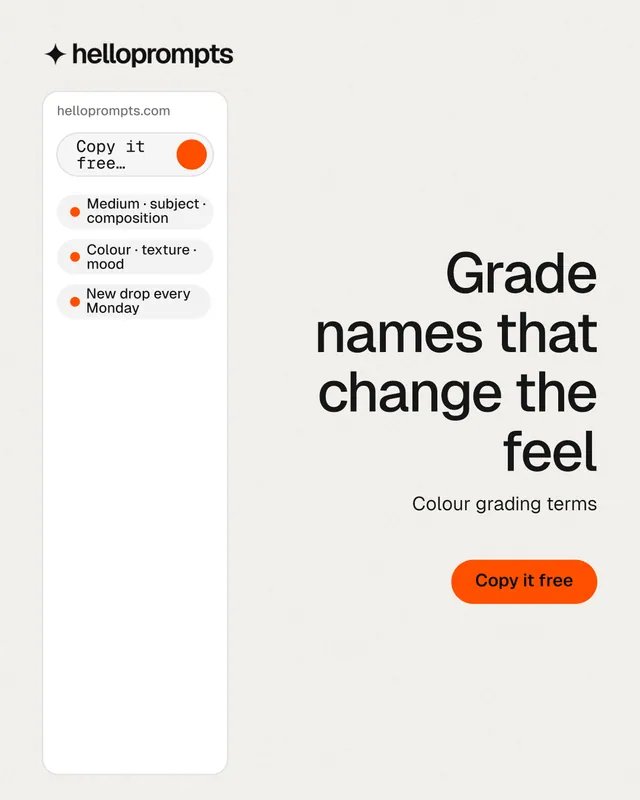 Instagram portrait post for HelloPrompts: "Grade names that change the feel". Data card style, right layout, light palette in white.