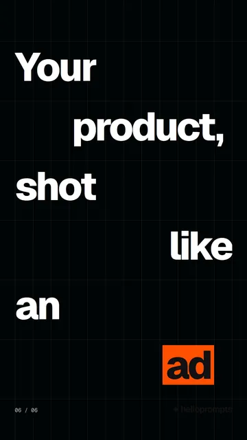 Video for HelloPrompts: "Your product, shot like an ad". Kinetic type grid, 6.0 s, dark palette.