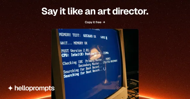 Social ad for HelloPrompts: "Say it like an art director." Swiss style, ogui layout, dark palette in black, blue, red.