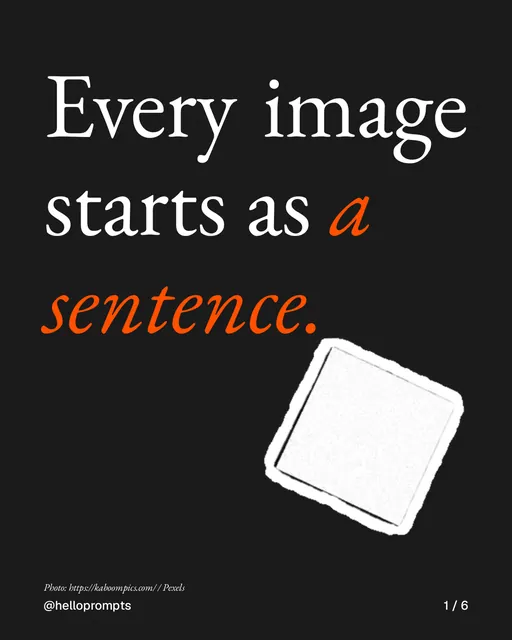 Carousel for HelloPrompts: "Every image starts as a sentence.". Cutout essay, 6 slides, dark palette.