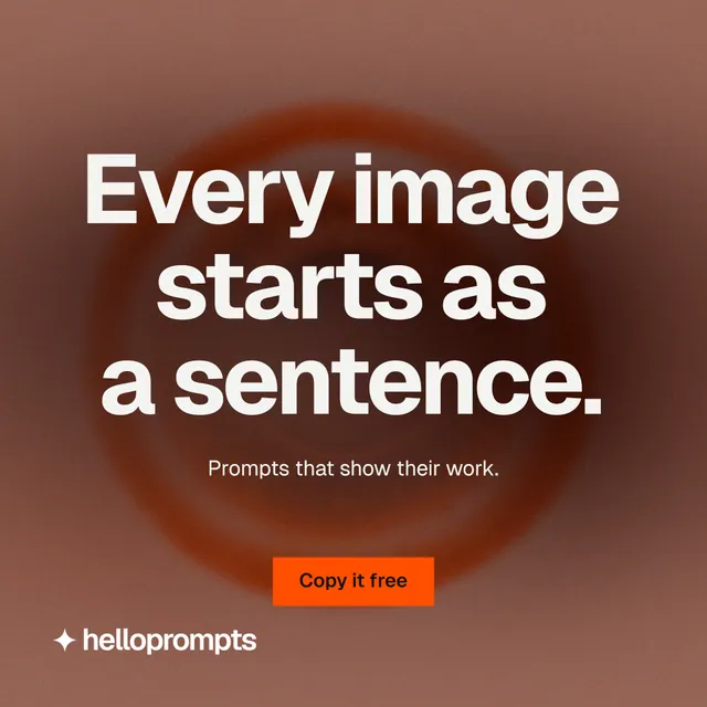 Instagram post for HelloPrompts: "Every image starts as a sentence." Swiss style, centred layout, dark palette in red, grey.