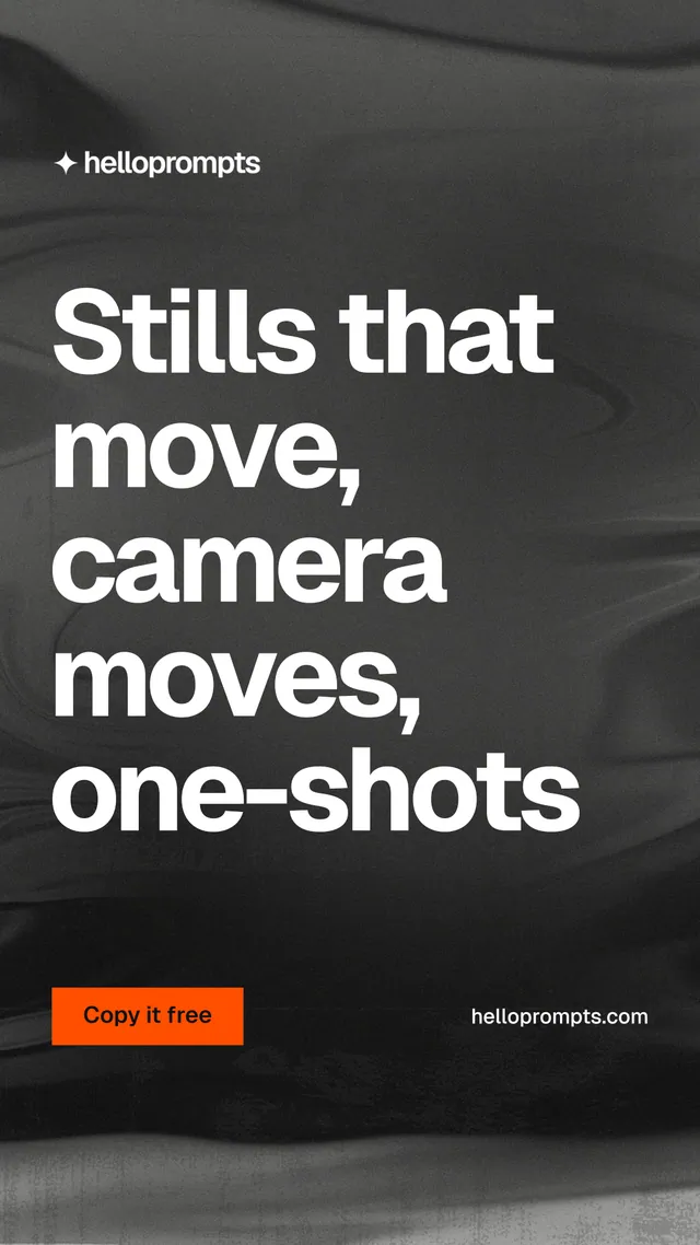 Instagram story for HelloPrompts: "Stills that move, camera moves, one-shots". Swiss style, poster layout, dark palette in black, grey.