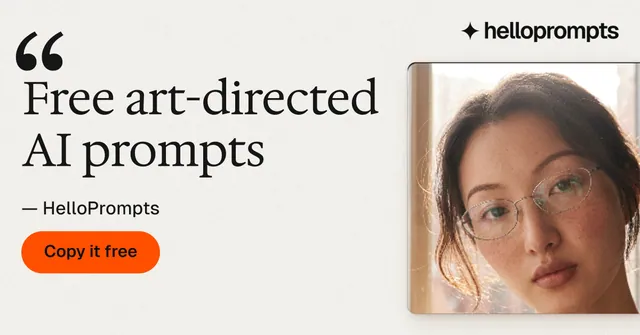 Social ad for HelloPrompts: "Free art-directed AI prompts". Data card style, quote layout, light palette in white, brown, orange.